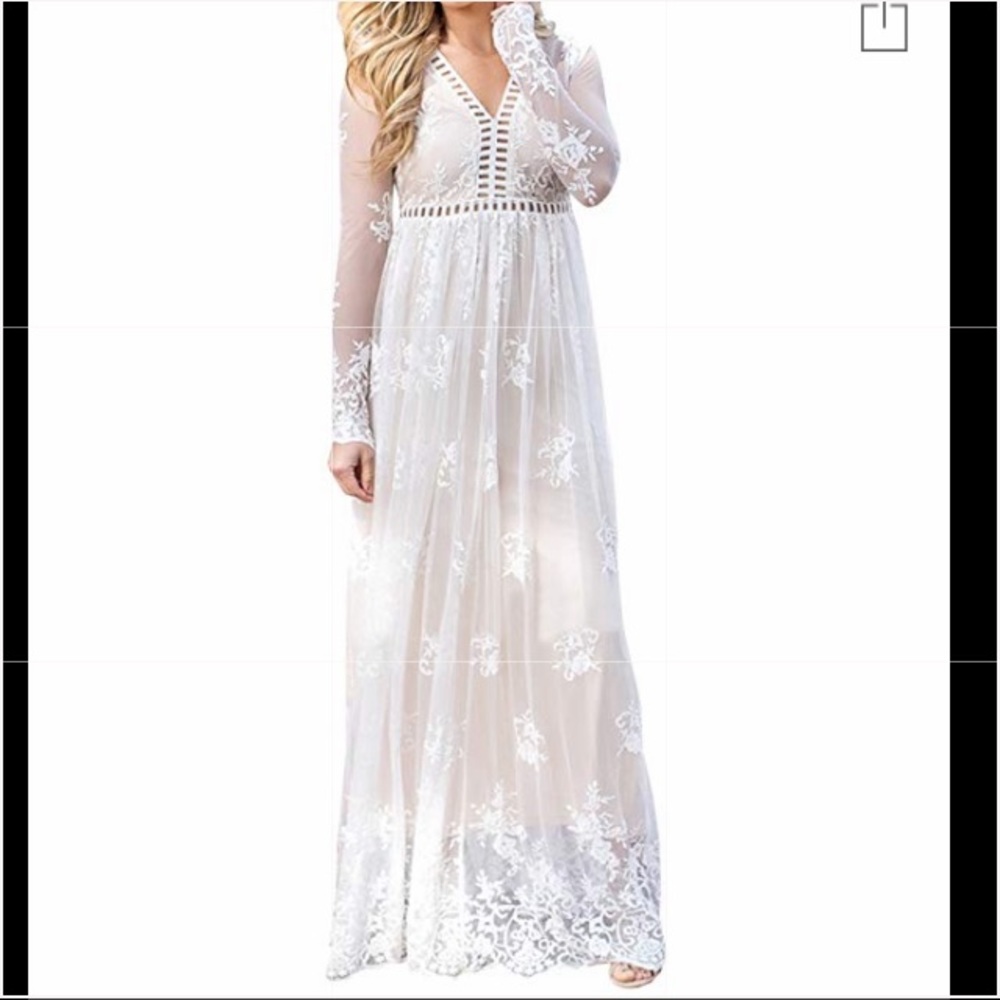 White Chiffon Long Sleeve Maxi Dress